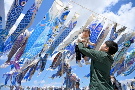 被災地で大空泳ぐ青いこいのぼり 宮城県東松島市、未来の希望託す