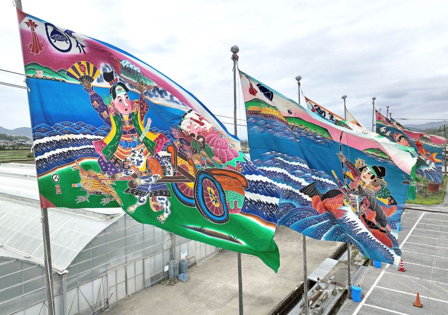 田園の風を受けて舞うフラフ（写真はいずれも南国市の西島園芸団地）