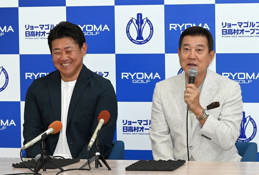 「ベストを尽くし、大会に貢献したい」と語る、原辰徳さん=右=と松坂大輔さん