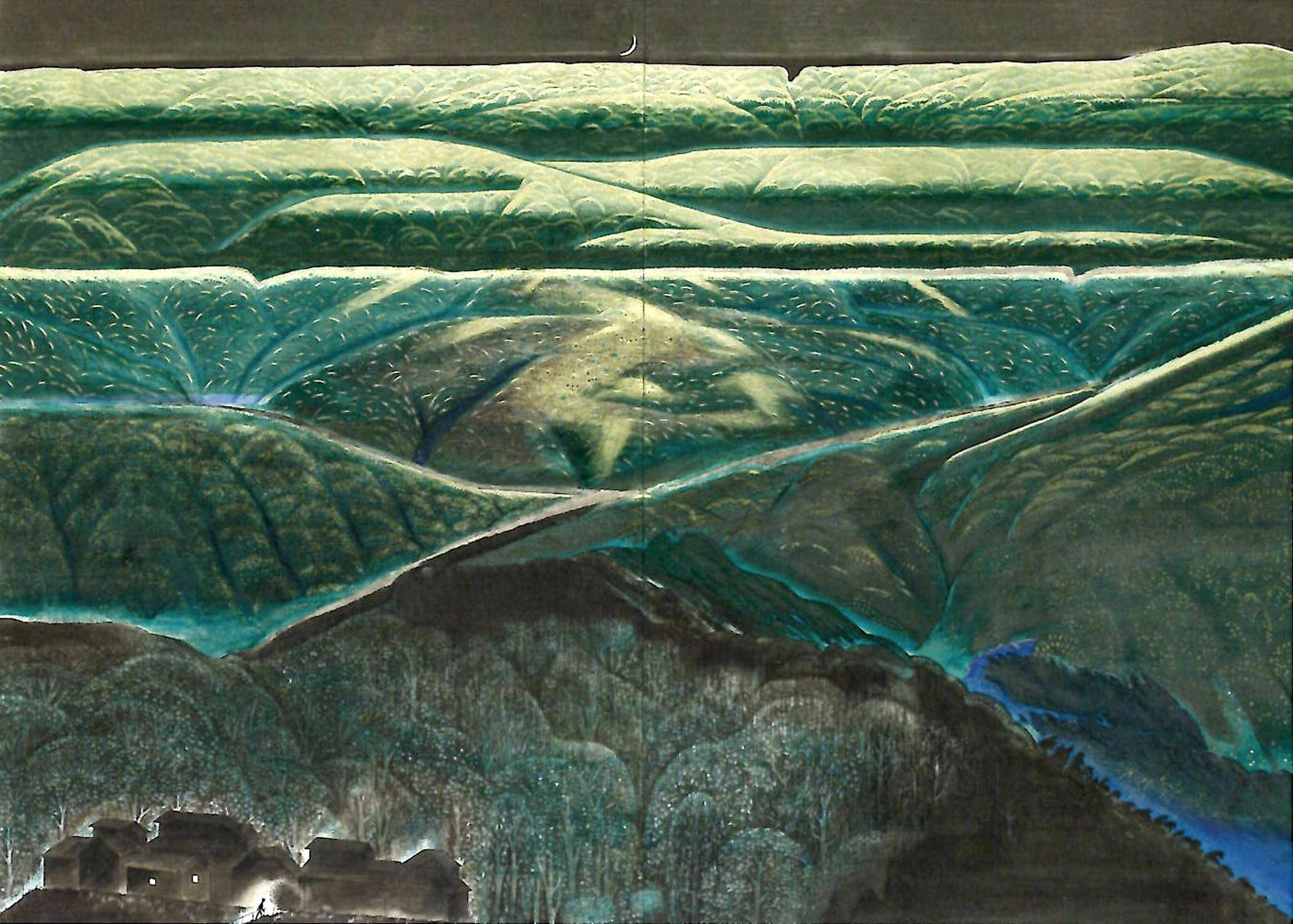 水墨画 黒と青緑の風景画27✖️25フレームなし 緑青の達人」が描く原風景 日本画家・浅野均展 なかとさ美術館で7／5