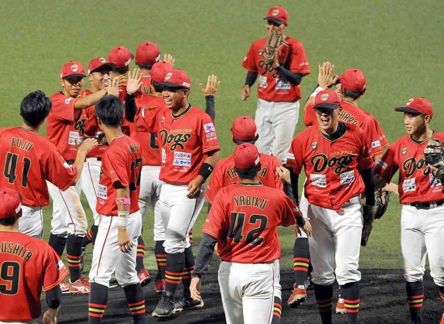 試合終了直後、12年ぶりの優勝を決めて、マウンド上でハイタッチして喜び合う高知FDナインら(タマホームスタジアム筑後)