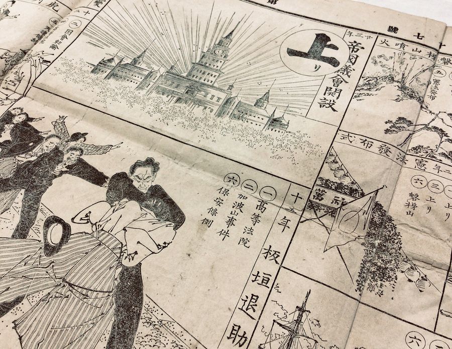 新聞付録の双六(すごろく)。国会開設のゴールまで、板垣退助遭難などのこまが並ぶ(1890年1月3日付『東雲新聞』)=高知市立自由民権記念館所蔵