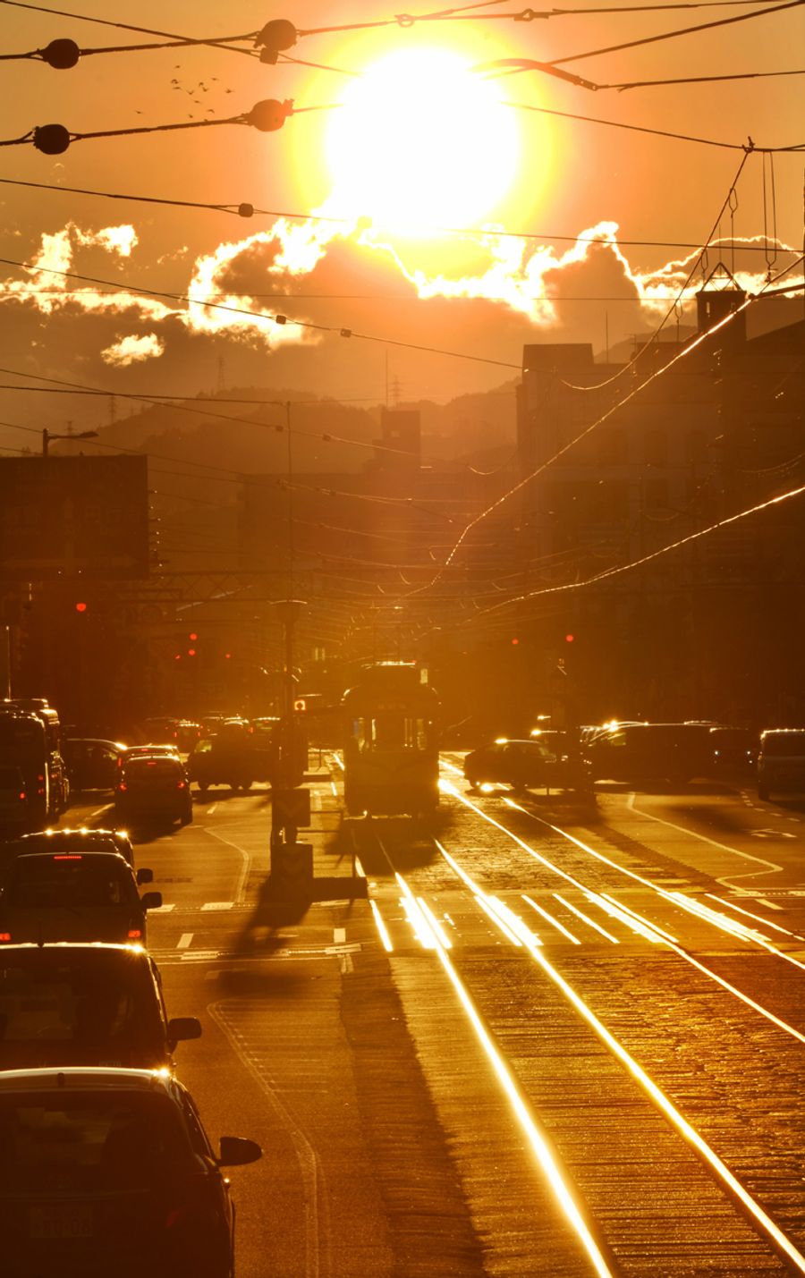 夕日に輝く 金の路 １年でこの時季だけ出現 高知市の電車通り ９ ２３秋分の日 高知新聞