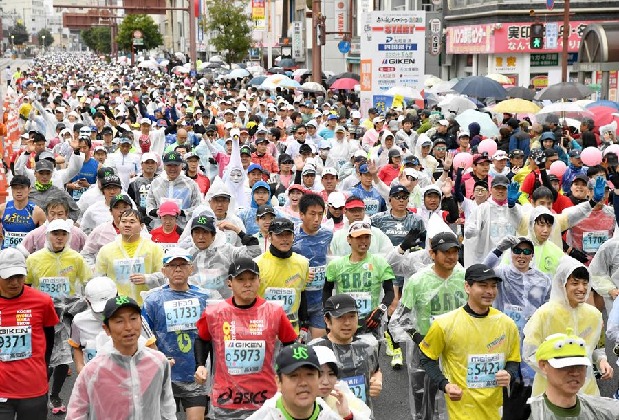 1万1816人が出場した2年前の高知龍馬マラソン。2年続けて、市民ランナーが健脚を競う場がなくなった(2020年2月、高知市の県庁前)