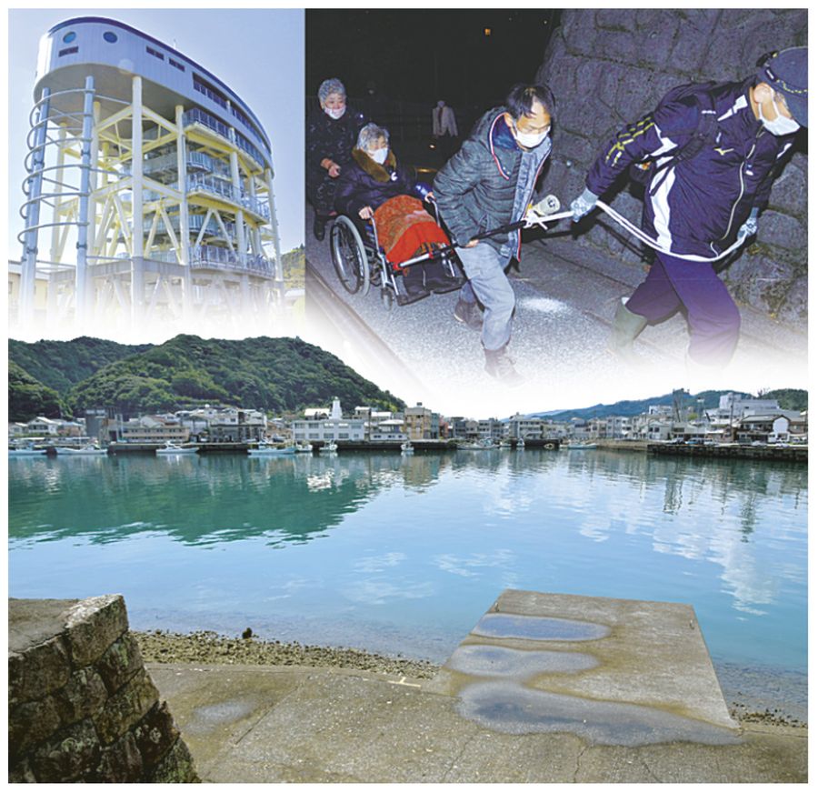 黒潮町の津波避難タワーと中土佐町での夜間避難訓練、海に面した土佐清水市街地のコラージュ(松本康裕作成)
