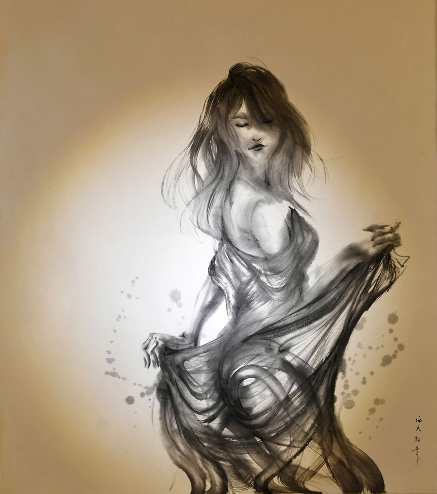 女性画 凜として妖艶 黒が舞う白が踊る 西元祐貴の墨絵展から ４ 高知新聞