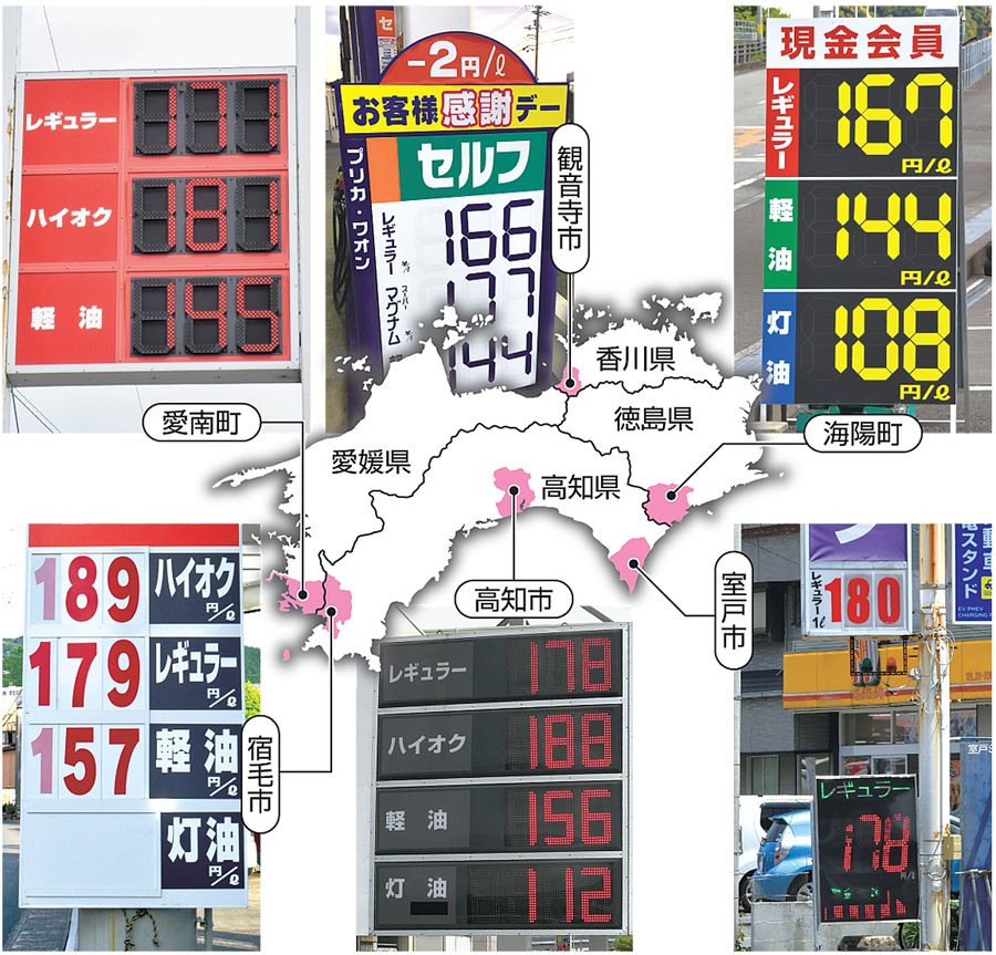 ガソリン価格の高騰は全国共通だが、県境をまたぐと高知県の高さがよく分かる(グラフィックス・松本康裕)