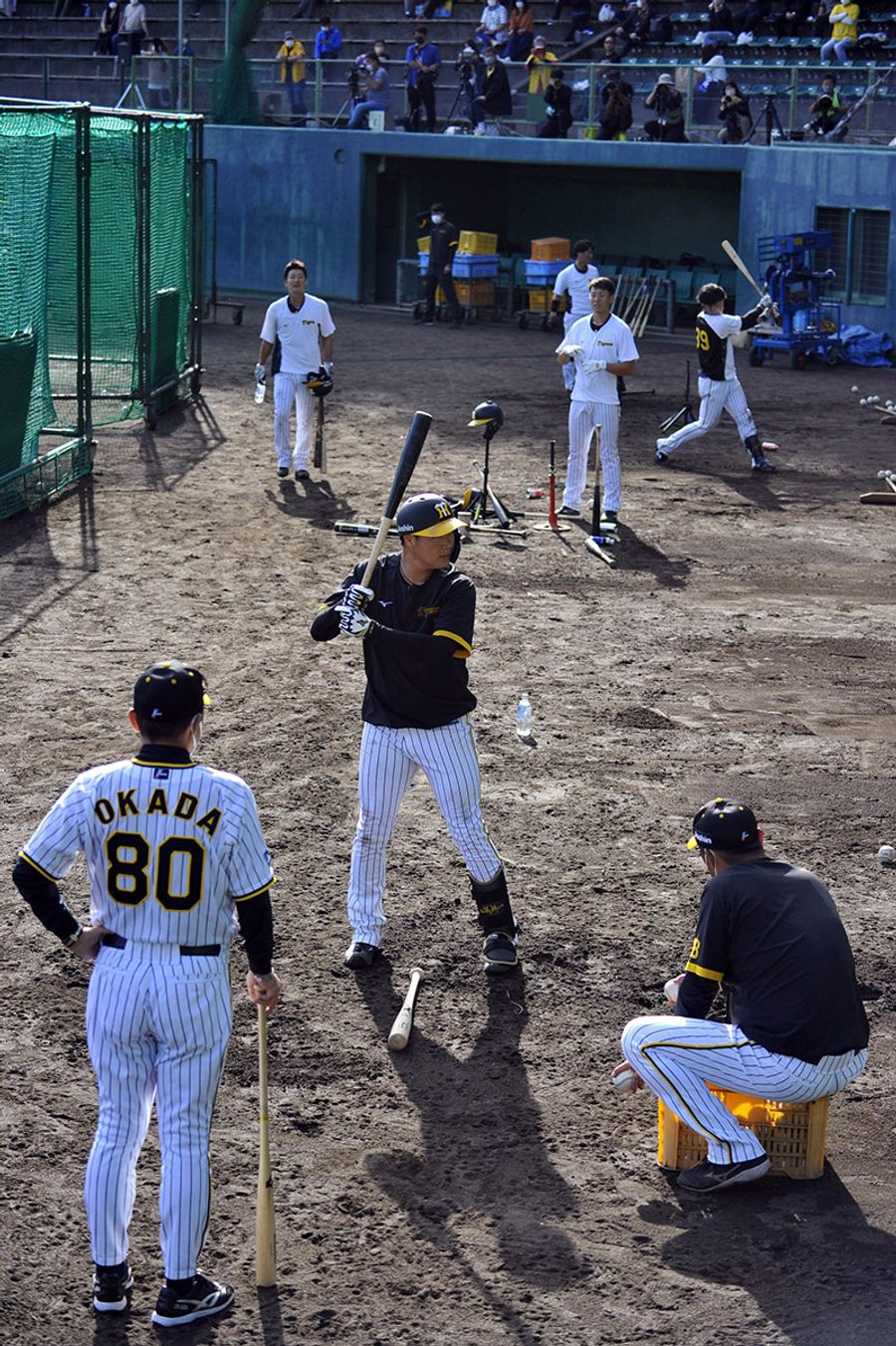 ３年ぶりに始まった阪神の秋季キャンプ。主砲の大山悠輔内野手＝手前中央＝が岡田彰布新監督＝左＝から打撃指導を受けた（安芸市の安芸球場）