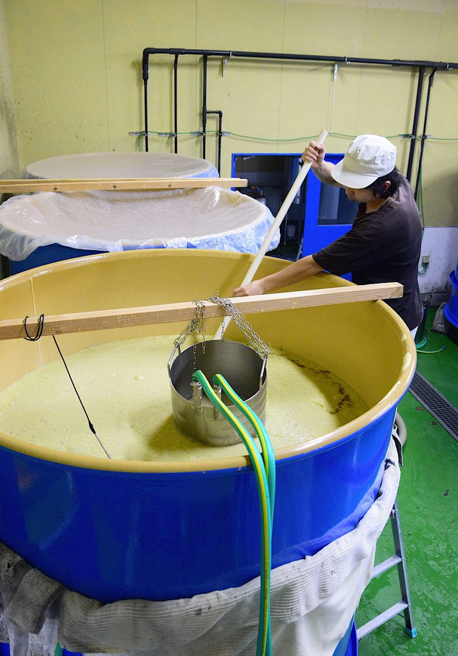 ぶくぶくと泡を立て、甘い香りを放つ芋焼酎のもろみ（宿毛市のすくも酒造）