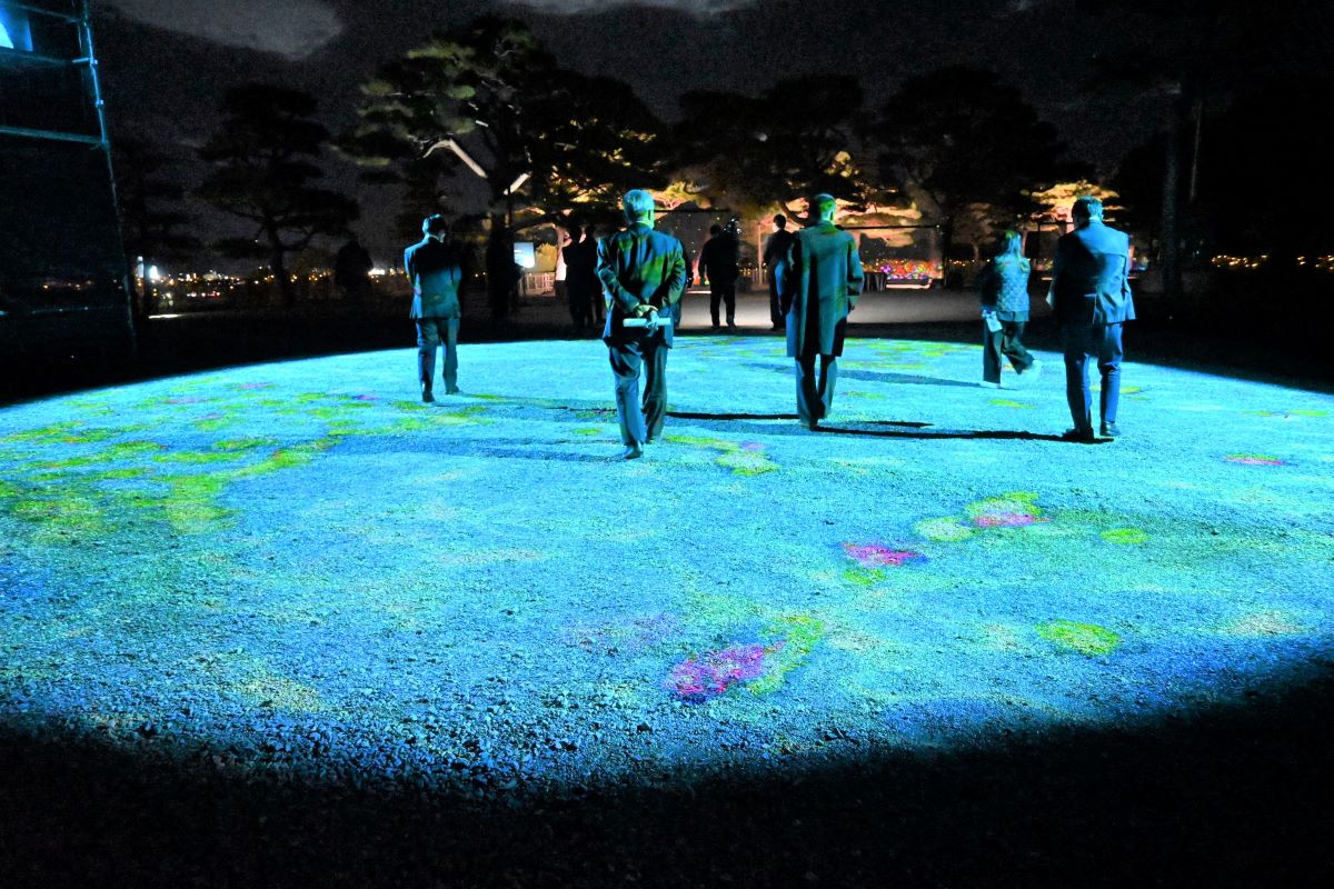 題「古城の景」（不思議な花倶楽部会員の作品）城のアート　大きな緑色フレーム付き 動画】高知城をライトアップ！ただのイルミネーションでは