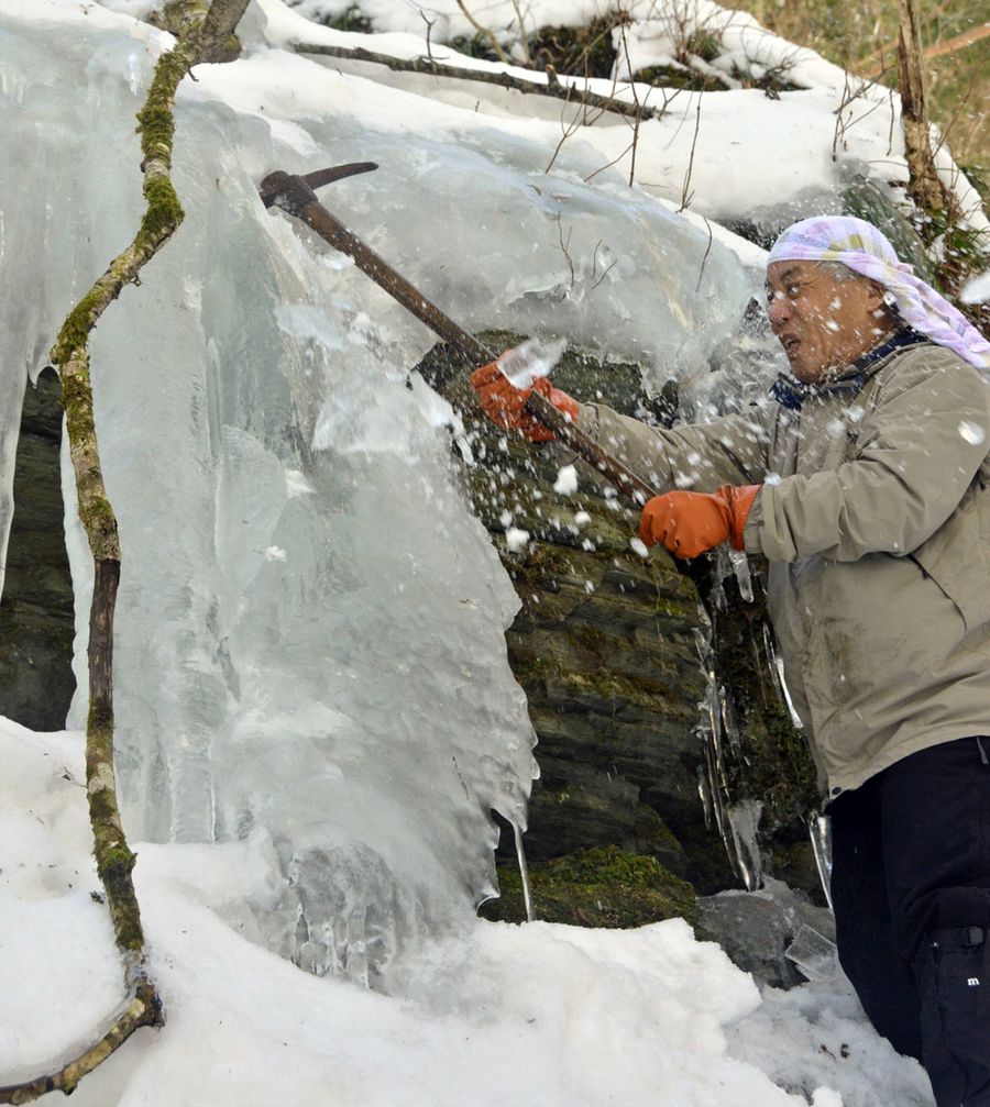 沢の氷を切り出す参加者