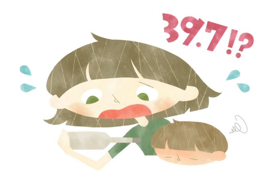 発熱の症状の見極めや家庭での対応を、まとめ記事で紹介しています（イラスト・岡崎紗和）