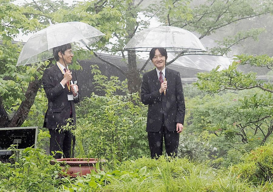 展示館の中庭で、川原信夫園長＝左＝と言葉を交わす秋篠宮さま（高知市の県立牧野植物園＝森本敦士撮影）