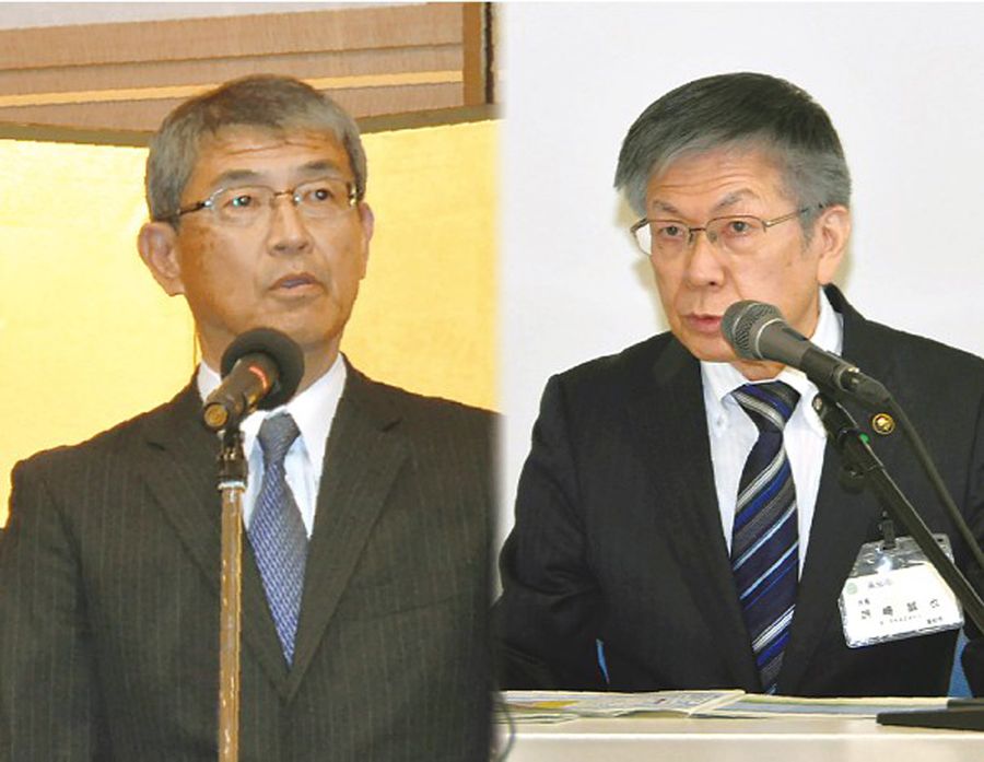 今秋の高知市長選で６選を目指す意向の岡﨑誠也市長＝右＝と、初当選へ名乗りを上げている前県議の桑名龍吾氏