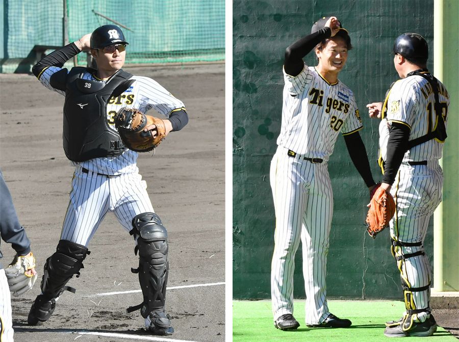 華麗な捕球で球場を沸かせた栄枝捕手＝左＝と、ブルペンでの投げ込み後、笑顔を見せる森木投手（安芸球場）