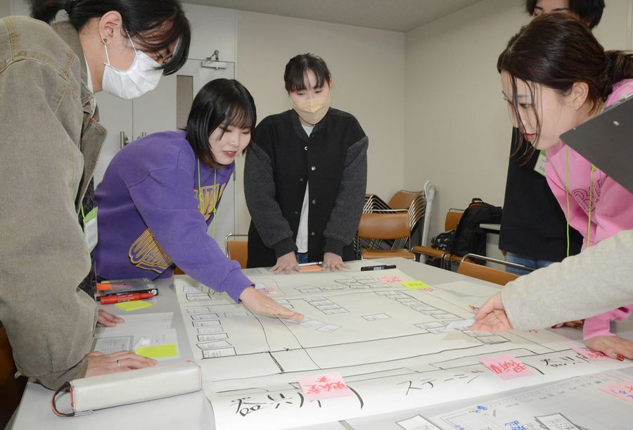 作ったジェンダーHUGをプレーしてブラッシュアップする高知大生（２０２４年１月１９日午前１１時ごろ、高知市旭町３丁目のこうち男女共同参画センター「ソーレ」）