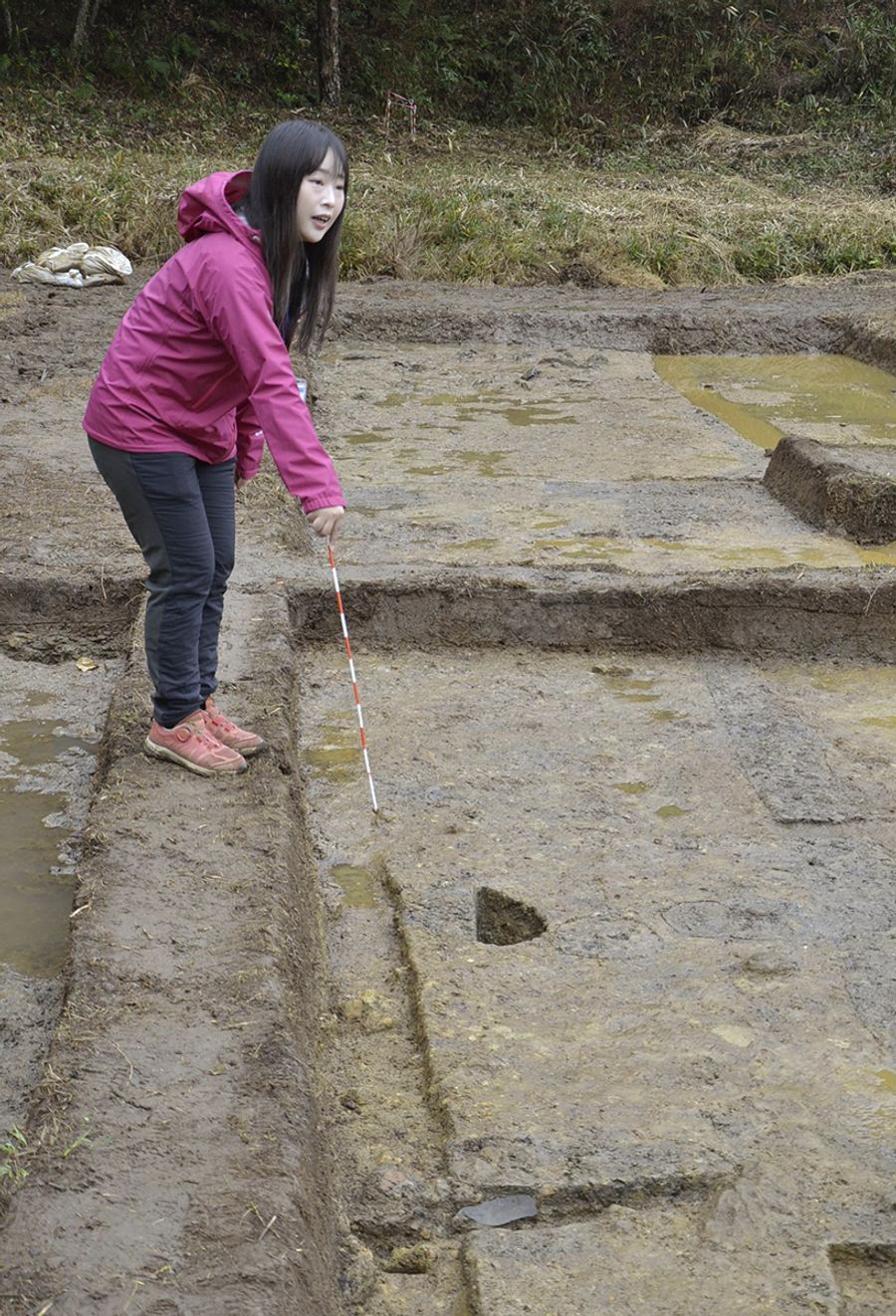 瑞応寺があったと推定される平たん地で見つかった柱穴について説明する南国市教委の担当者(南国市岡豊町)