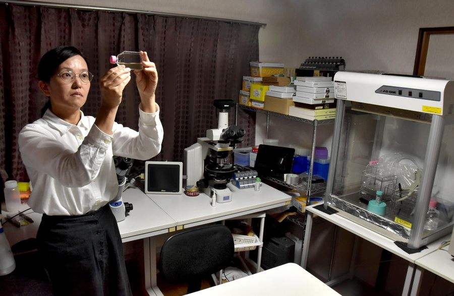 自費で購入した顕微鏡などが並ぶ自宅（高知市内）