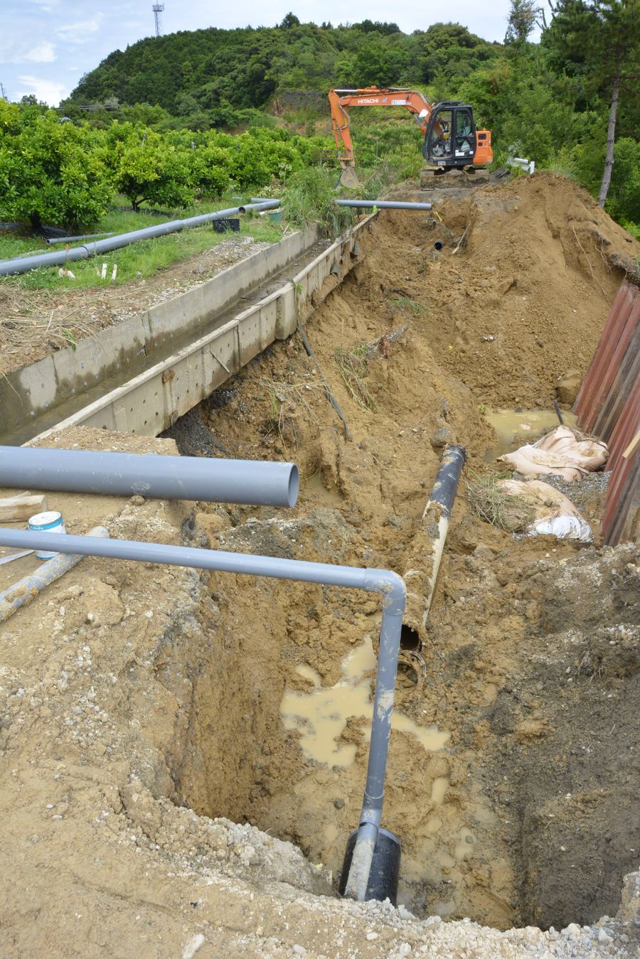 大雨で斜面が崩壊し、水道管が破損した現場（１８日午後２時２０分ごろ、黒潮町浮鞭）