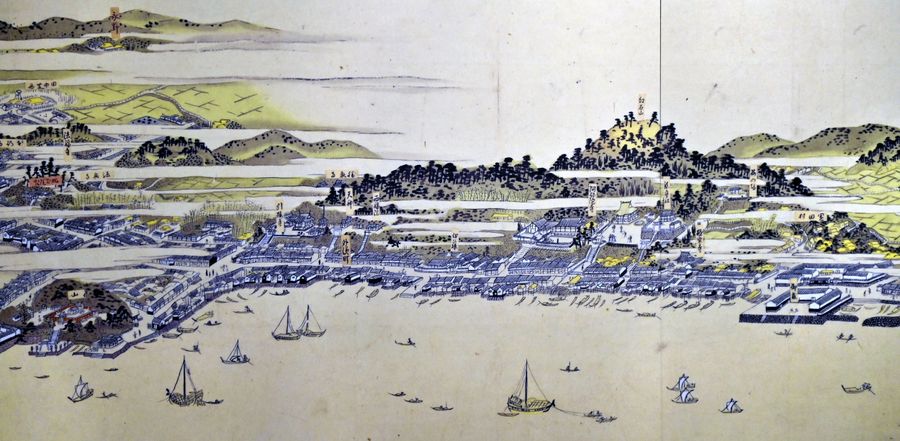 諸国からの回船でにぎわう近世後期の下関の様子を描いた「赤間関絵図」（部分、個人所蔵＝下関市立歴史博物館寄託）