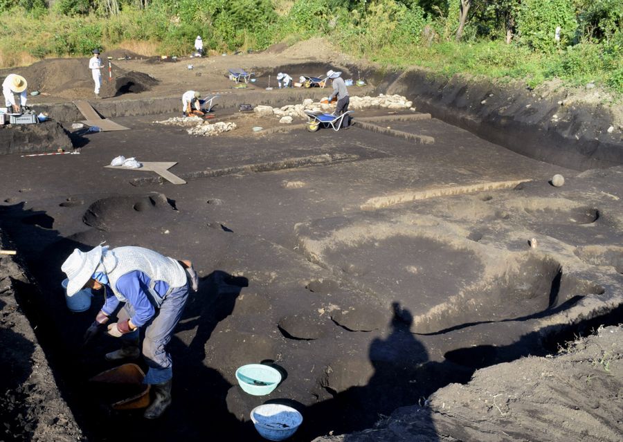 手前の弥生時代の地層には堀立柱建物跡とみられる穴や土杭が多数。奥の縄文時代の地層では石が集積した遺構が発見された（香南市野市町西佐古）