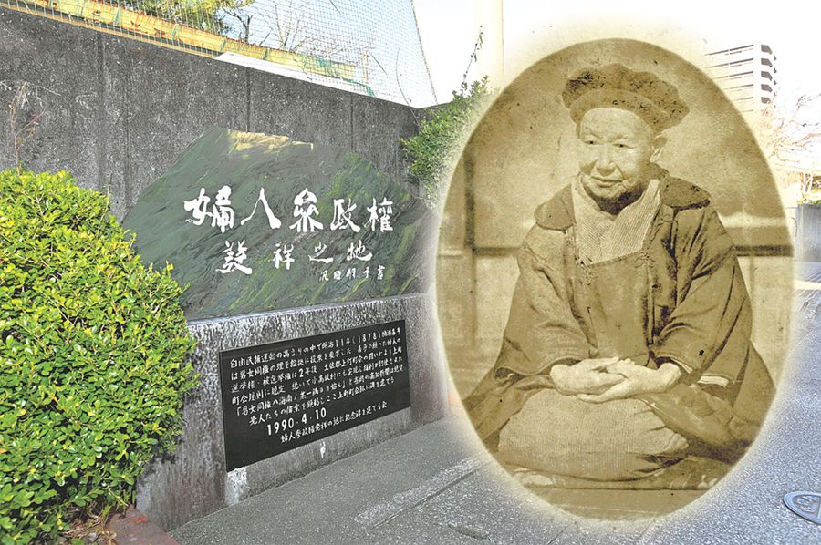 楠瀬喜多の写真と高知市上町２丁目にある「婦人参政権発祥之地」の碑のコラージュ（松本康裕作成）