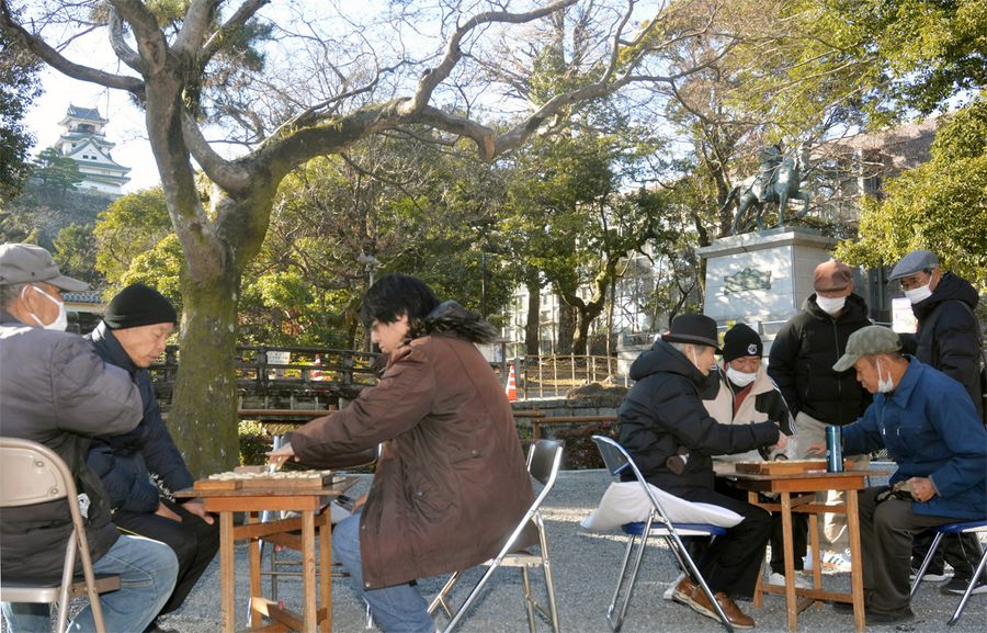 昼間にふらりと来て、夕方まで青空将棋を楽しむ愛棋家ら（写真はいずれも高知市丸ノ内１丁目の藤並公園）