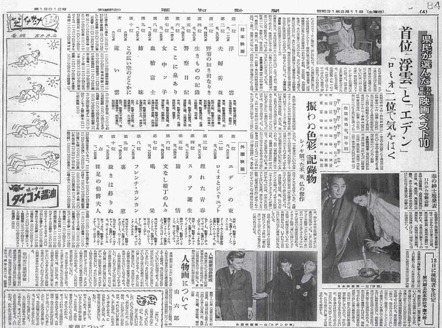 県民が選ぶ映画ベストテンの第１回投票結果を伝える高知新聞紙面（１９５６年２月１１日付）