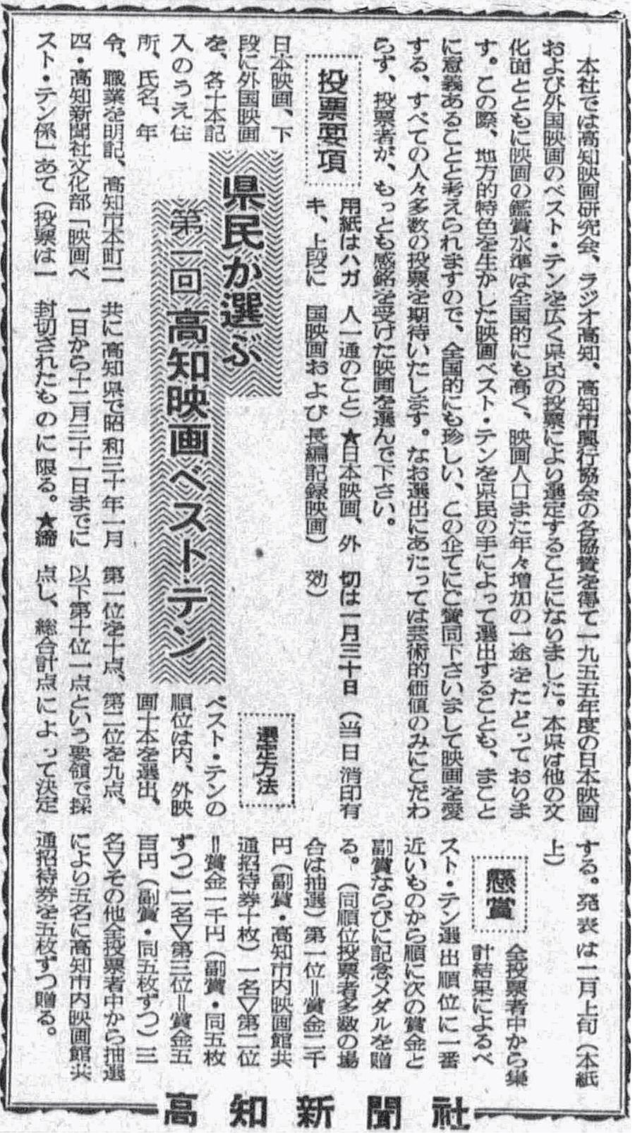映画ベストテン創設をうたい、投票を呼びかける高知新聞社告（１９５６年１月１９日付）