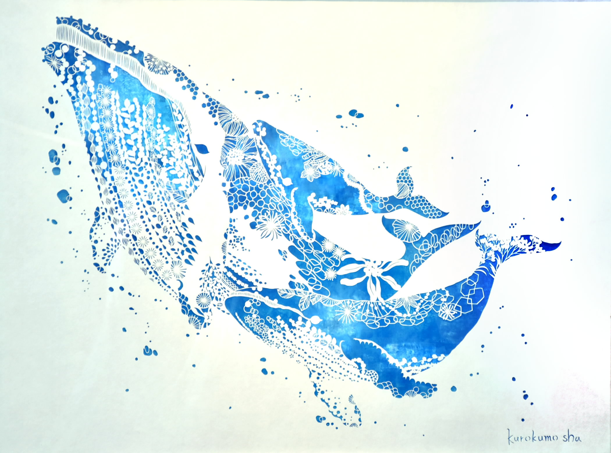 クジラの親子ざばっと 「team BLUE」松原真紀―切り絵「7人の