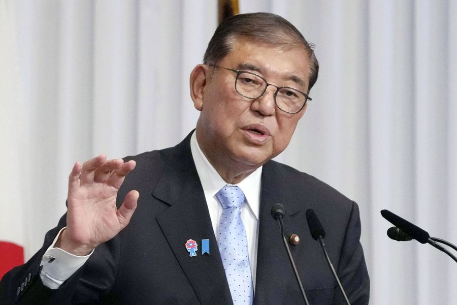 参院選の結果を受け、記者会見する自民党総裁の石破首相＝２１日午後、東京・永田町の党本部