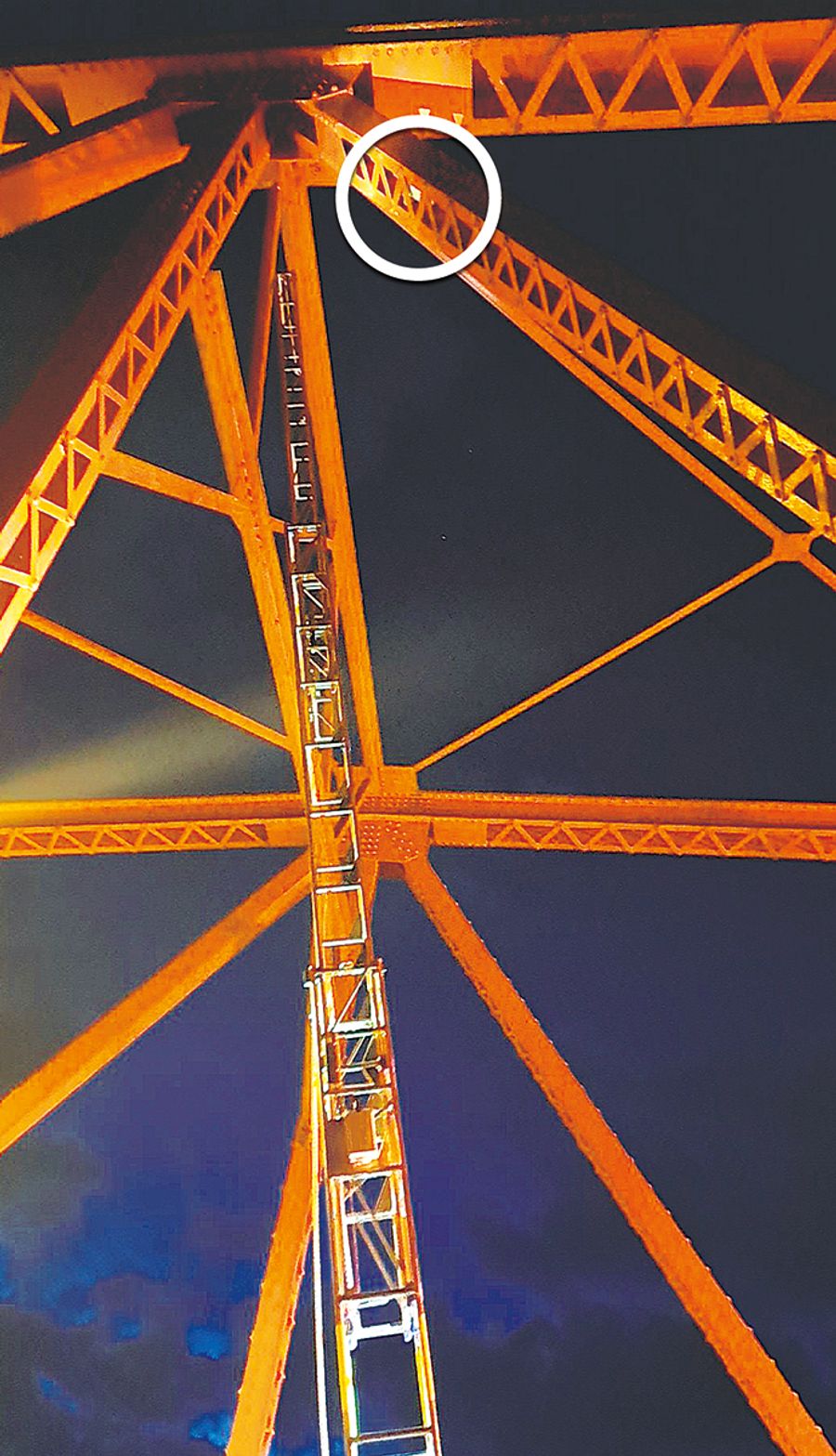 猫を救助するため、消防が高さ6メートルほどの地点まで伸ばしたはしご。丸枠で囲った部分に猫がいる(四万十市の四万十川橋=今城正貴さん提供)