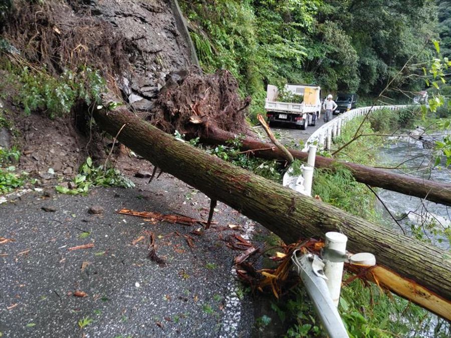 倒木や土砂が道路をふさいだ現場（５日午前８時ごろ、高知市土佐山弘瀬）