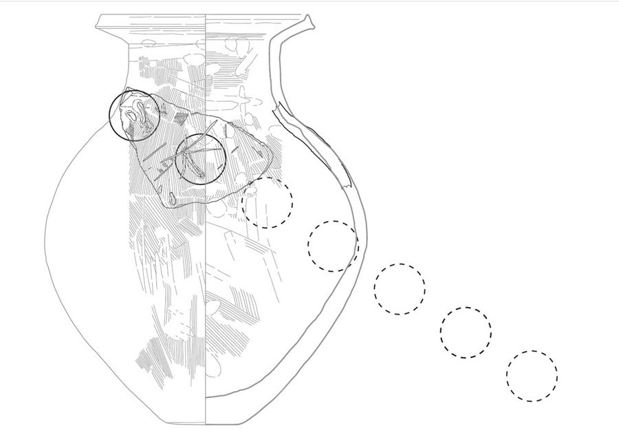 「何不」の２文字が刻まれたとみられる土器片から、つぼ全体の文字数を推定した図（県立埋蔵文化財センター提供）
