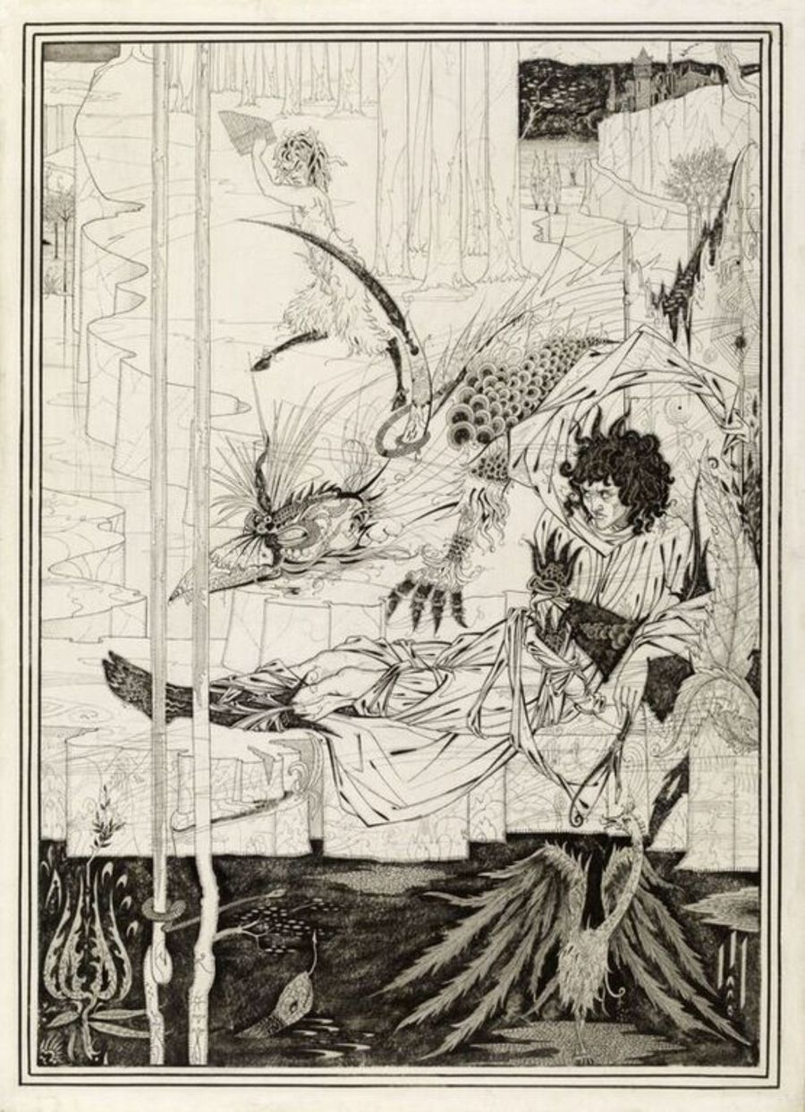 オーブリー・ビアズリー「アーサー王は、唸（うな）る怪獣に出会う」１８９３年（ヴィクトリア・アンド・アルバート博物館　Photo:　Victoria　and　Albert　Museum,　London）