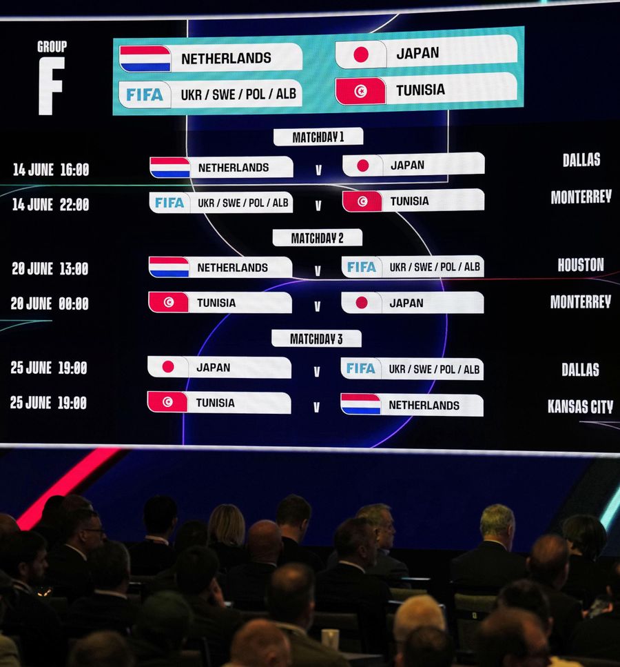 発表されたサッカーW杯北中米3カ国大会の1次リーグF組の試合日程(12月6日、アメリカ・ワシントン=共同)