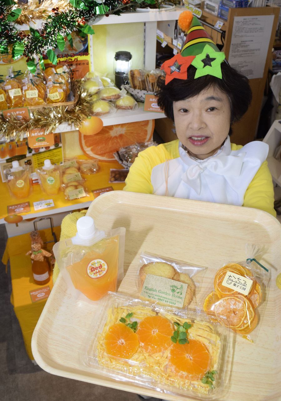 ミカンを使ったすしやクッキーなど１８種の商品が集合したコーナー（香南市野市町西野ののいち駅）
