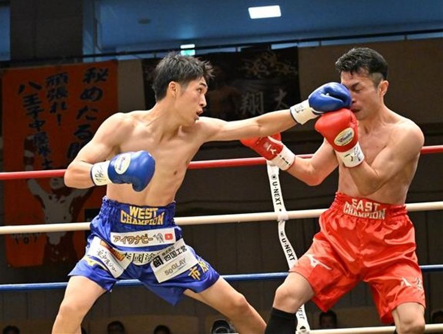 パンチを浴びせる市原涼＝左＝（東京・後楽園ホール）