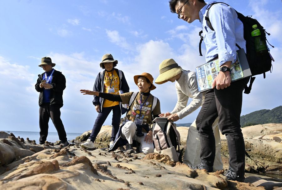 現地調査で地元ガイドらの説明を聞く日本ジオパーク委員会の審査員＝右側の２人（２０２５年１１月、土佐清水市の竜串海岸）