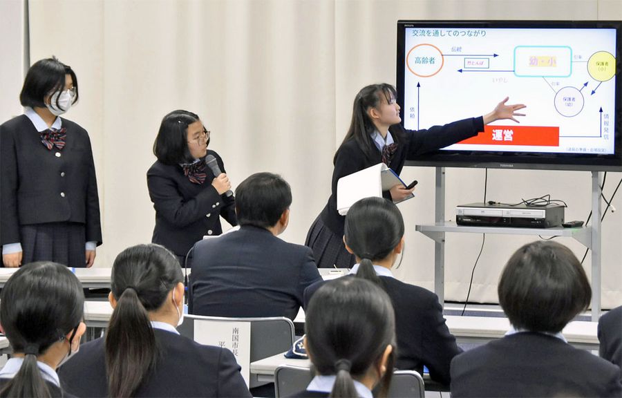 中心市街地の活性化策を提案する山田高校の生徒たち（南国市役所）