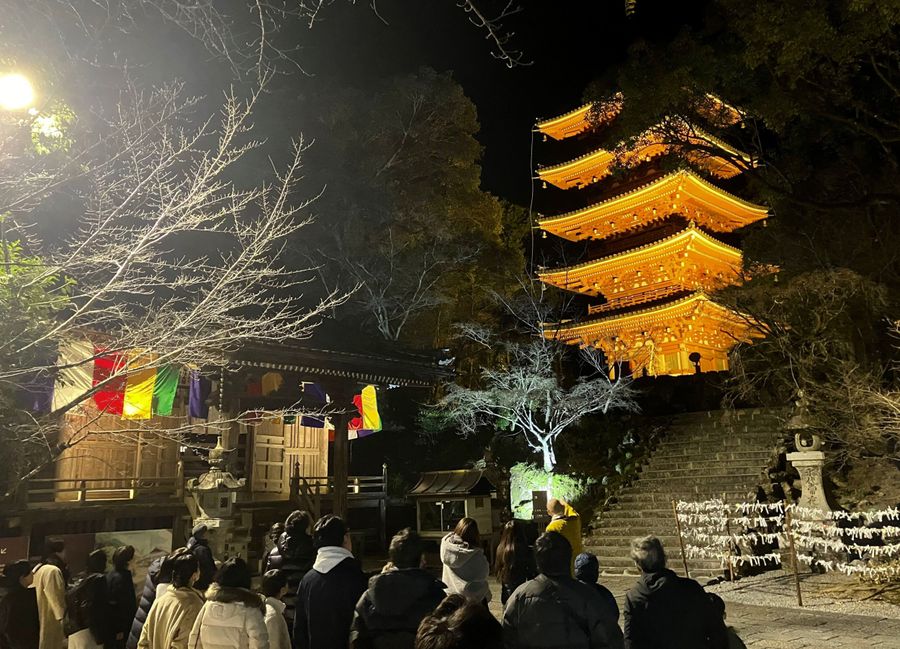 ライトアップされた五重塔について説明を受けるツアー客たち（高知市五台山）