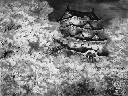 日本の城がテーマの墨画展 松山市の画廊「ギャラリー リブ・アート