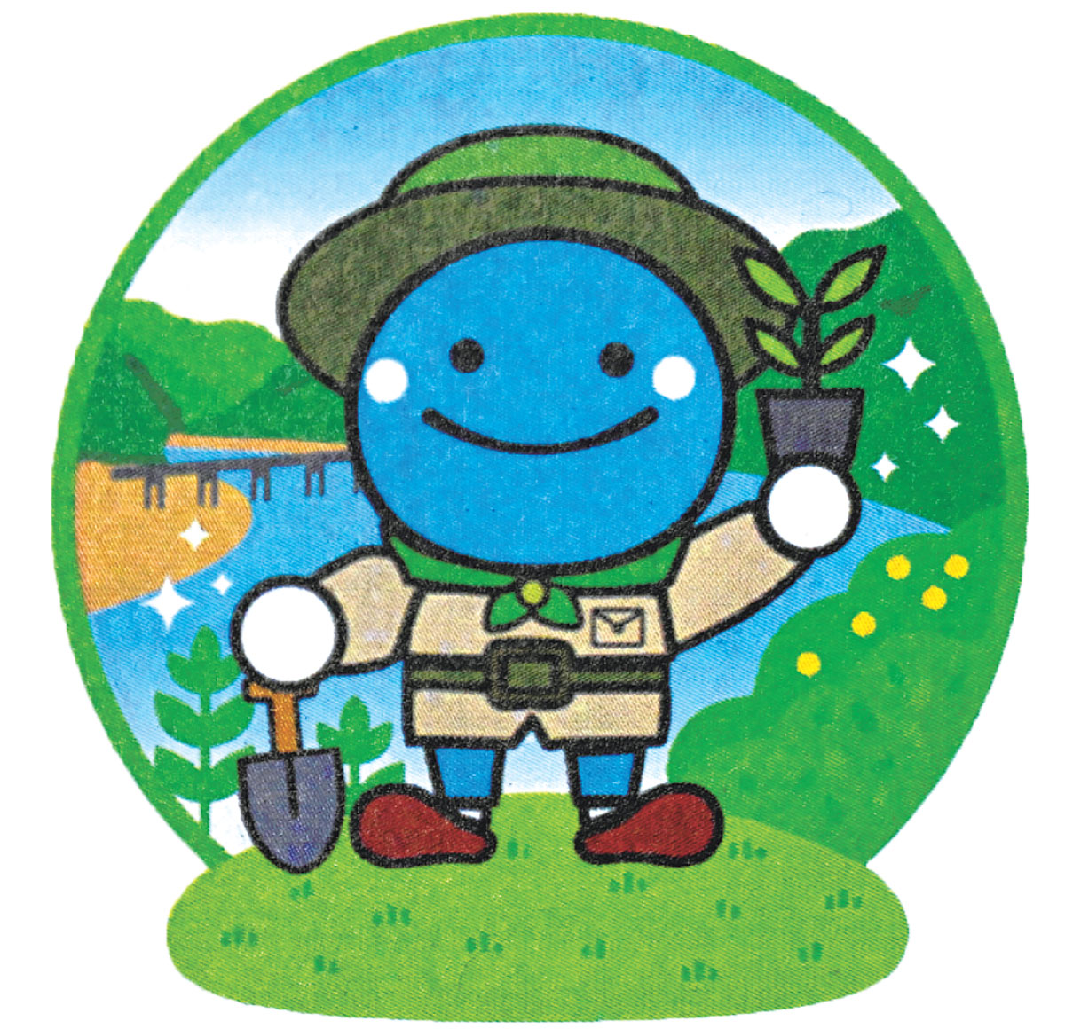 植樹マン「いのちの森の使者」 くろしおくんが手に持っているのは…？ 「黒潮に 恵み届ける 森づくり