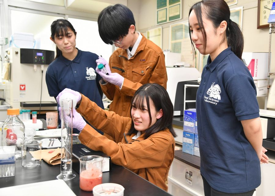 真剣な表情で実験に取り組む幡多農業高校の生徒（南国市物部乙）